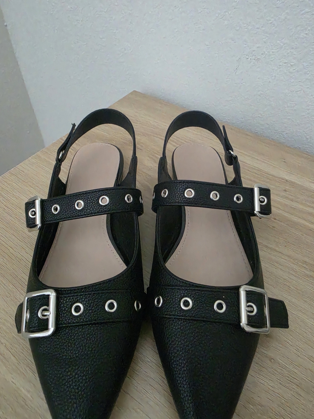 Black Grommet Pointed Slingback Flats